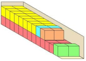 A drawing of a long rectangular object with many colored cubes.